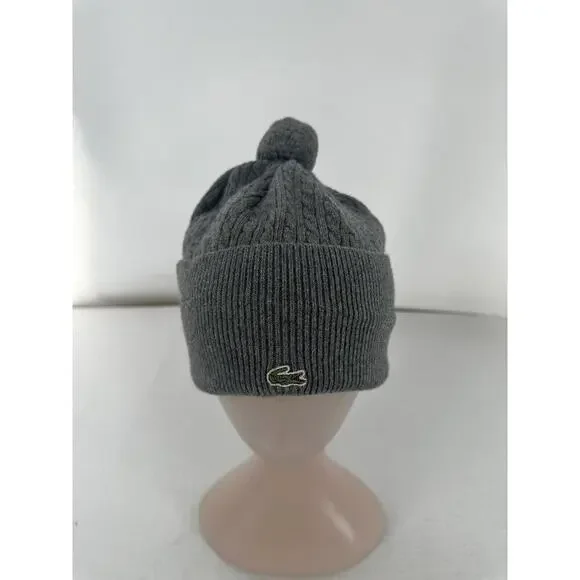 Lacoste Vtg Beanie Hat Pom Cable Knit Ribbed Grey One Size Japan - Picture 1 of 8